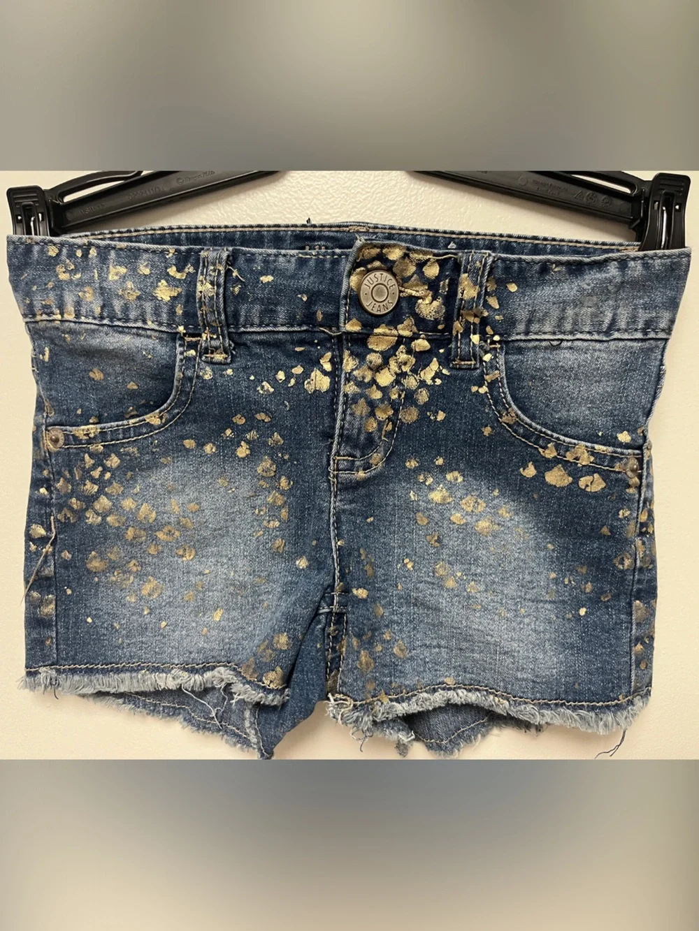 Justice Denim Shorts with Gold Paint Splatter